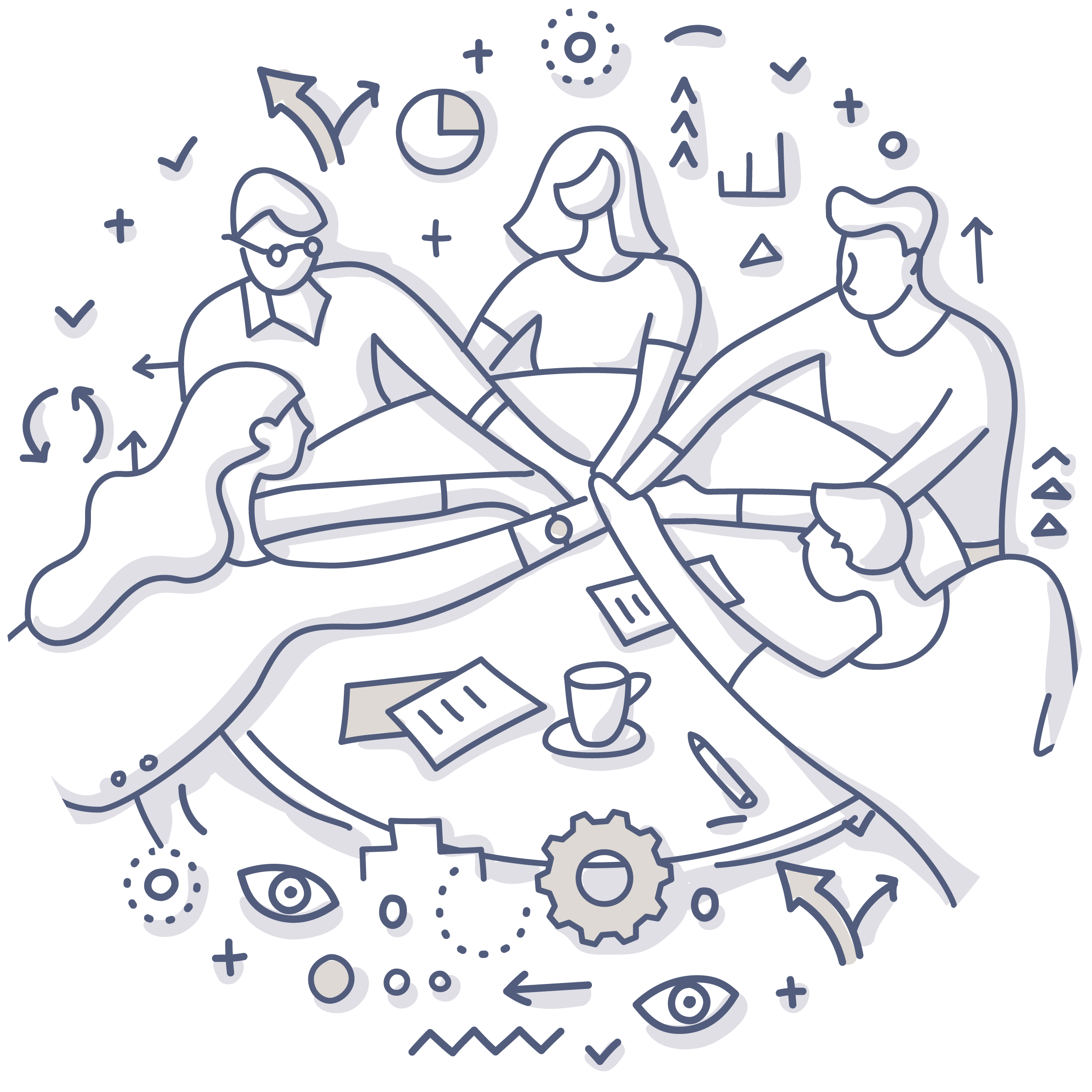 Zeichnung, eine Gruppe von Menschen sitzt um einen runden Tisch und legen die Hände in der Mitte zusammen